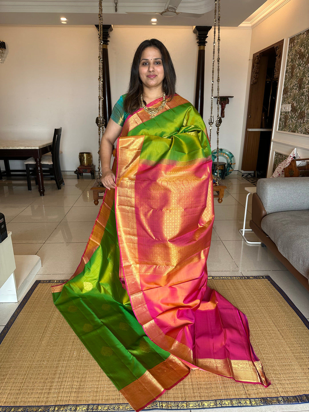 Light Green with Orangish Pink Rich Butta with Grand Pallu Kanjivaram Silk Saree