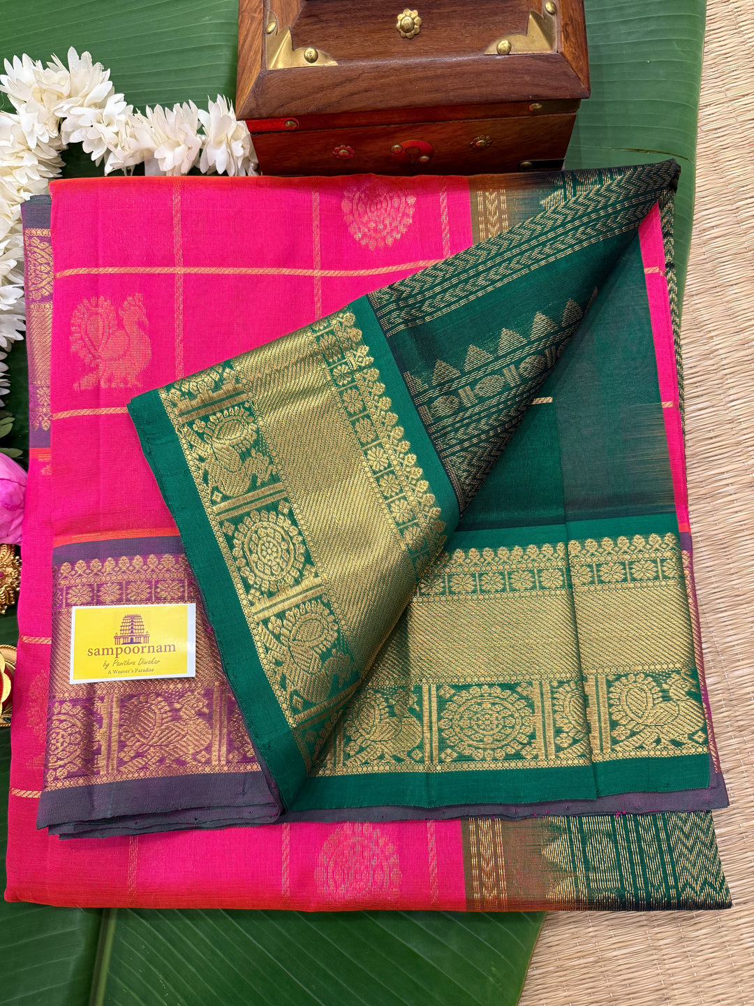 Dark Pink with Green Mayil Chakram Silk Cotton Saree