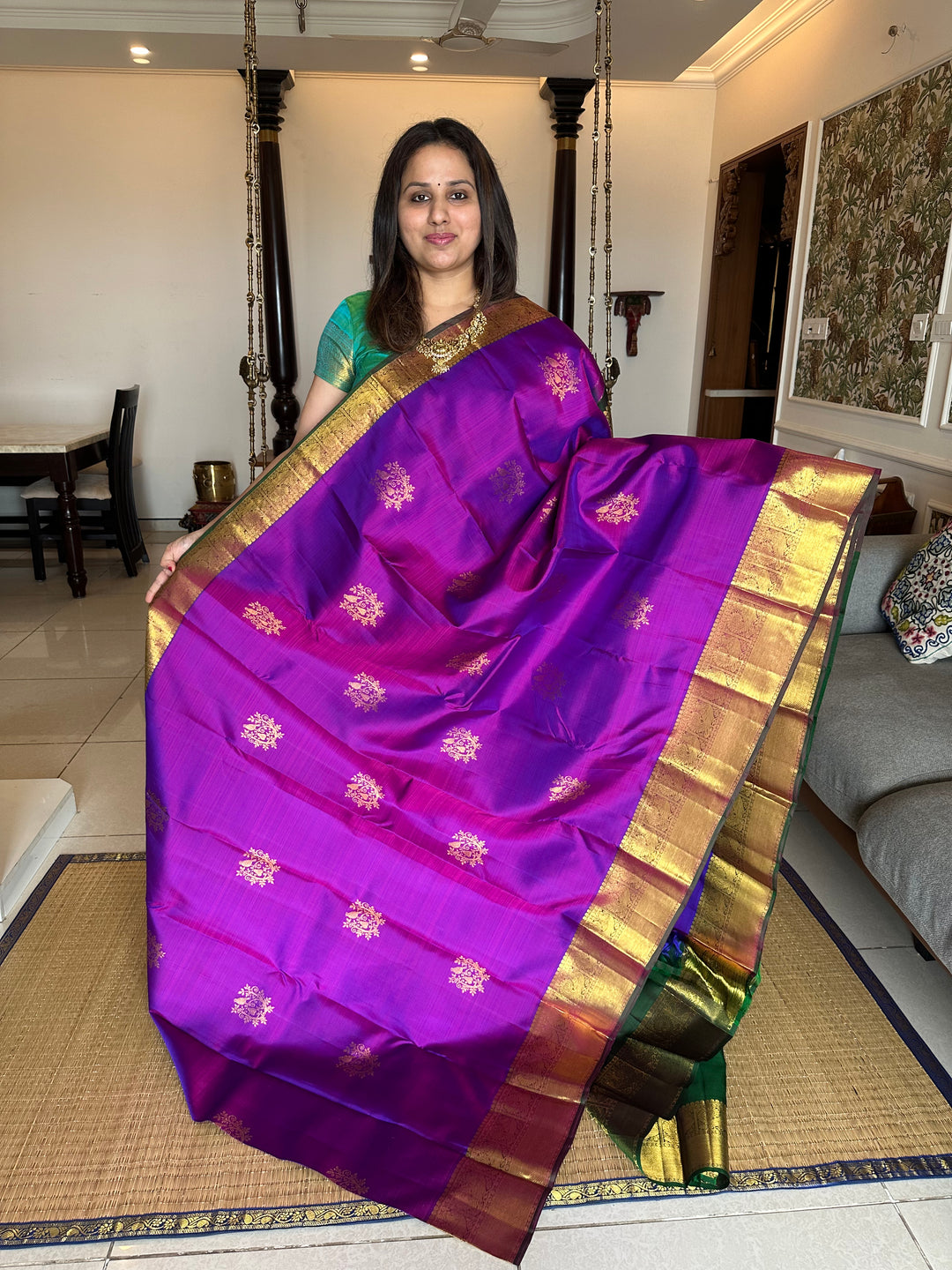 A Traditional Purple with Green Rich Pallu Zari Pure Kanjivaram Silk Saree