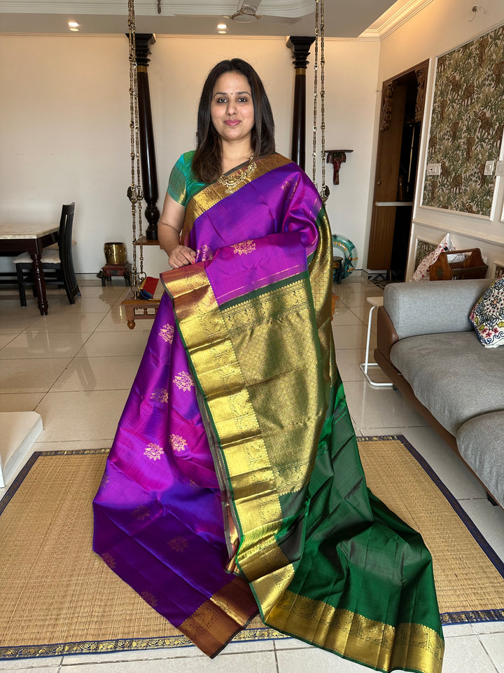 A Traditional Purple with Green Rich Pallu Zari Pure Kanjivaram Silk Saree