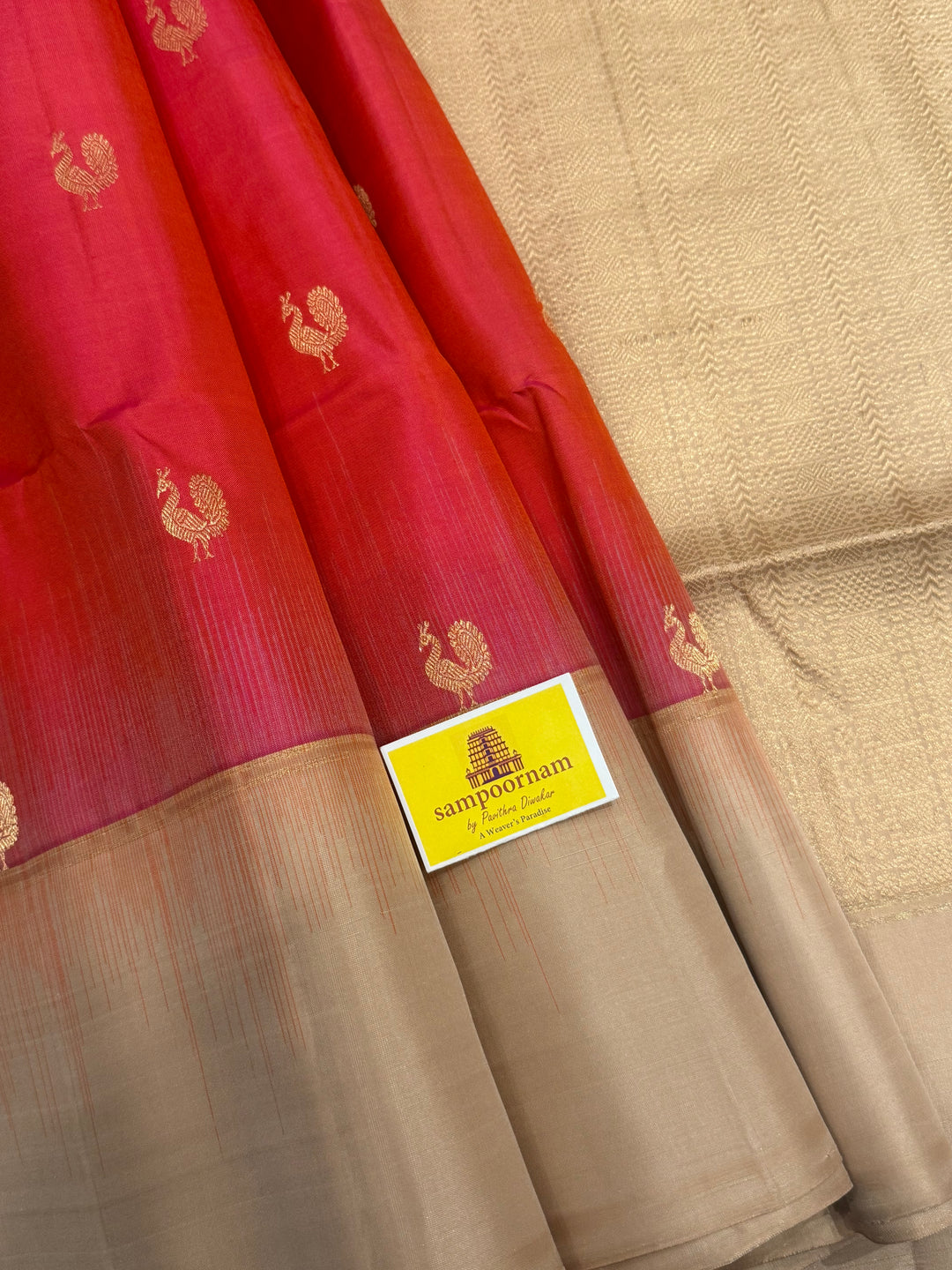 Dark Pink with Beige , Zari Mayil butta in the body and grand  Pallu , pure soft silk saree