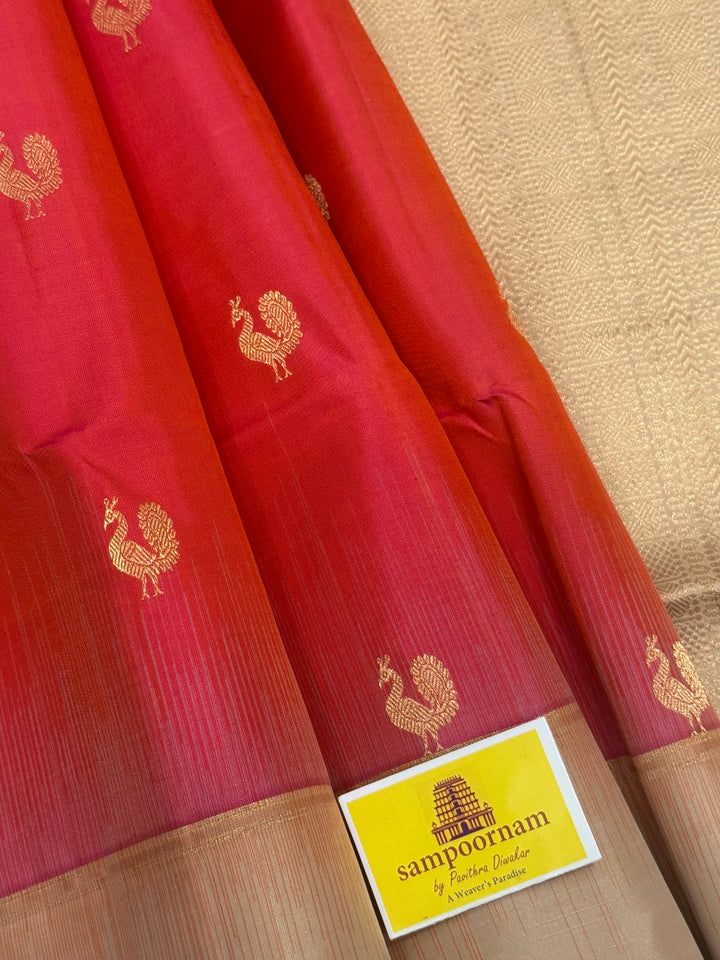 Dark Pink with Beige , Zari Mayil butta in the body and grand  Pallu , pure soft silk saree