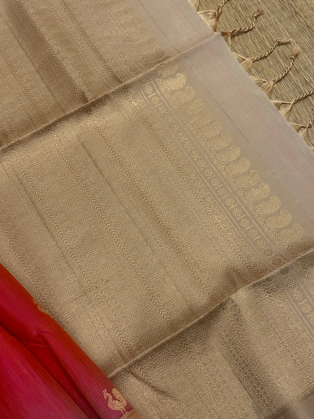 Dark Pink with Beige , Zari Mayil butta in the body and grand  Pallu , pure soft silk saree