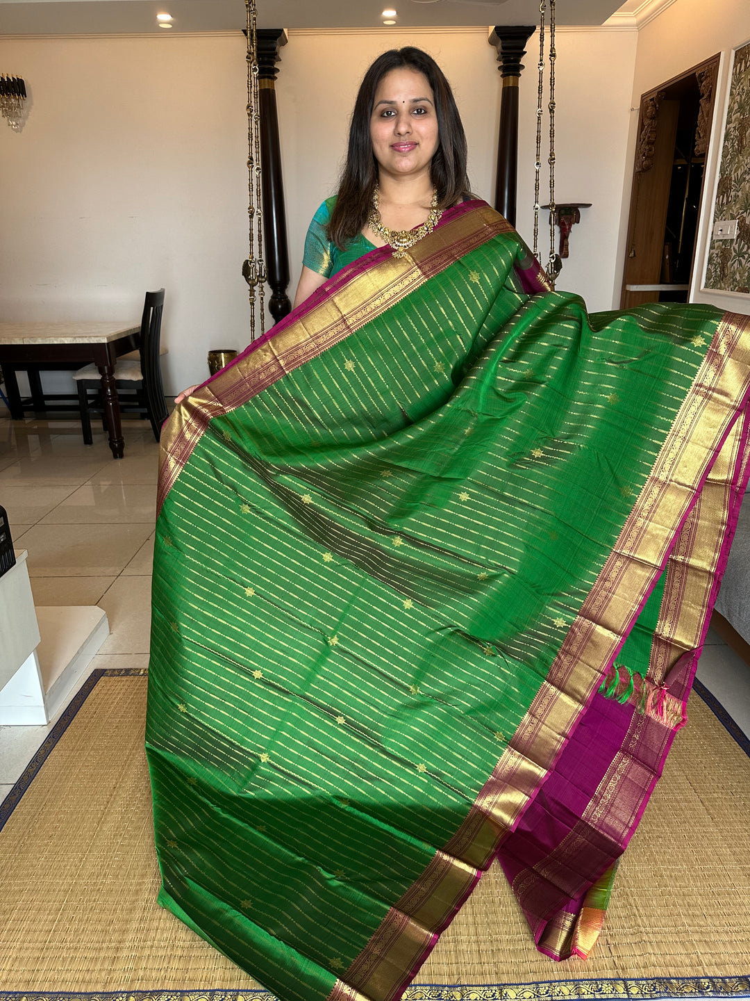 Green with Magenta Rich Zari Body and Rich Pallu Kanjivaram Silk Saree