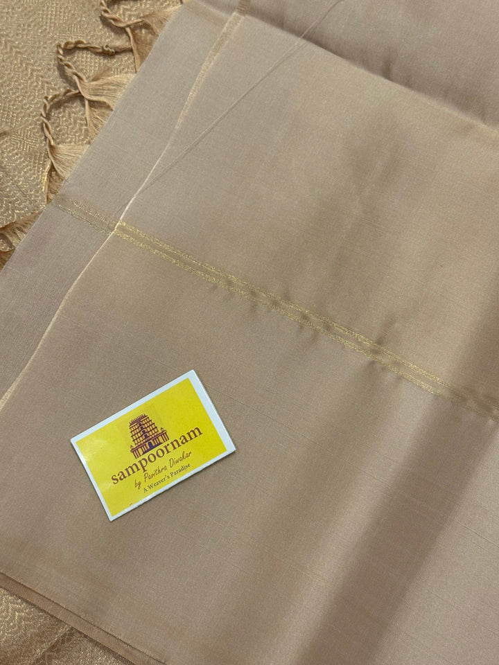 Dark Pink with Beige , Zari Mayil butta in the body and grand  Pallu , pure soft silk saree