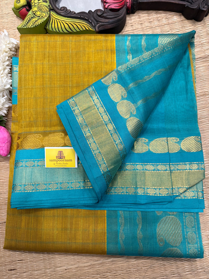 Vendhayam Fenugreek with Blue , kattam in the body , traditional borders and rich Pallu Korvai Silk Cotton Saree