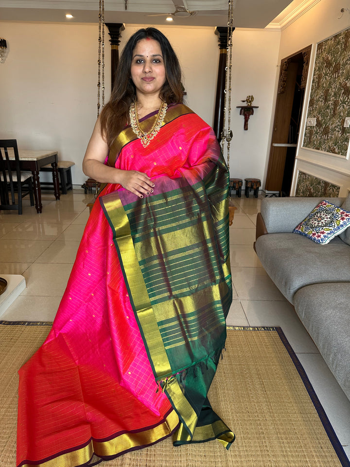 Magenta with Green Body Zari CHecks with Butta Silk Cotton Saree