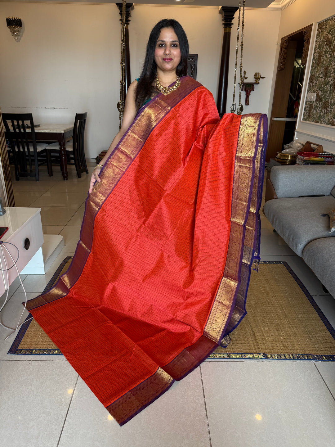 Orange with Blue , Lakshadeepam butta in the body , traditional borders and rich Pallu Lakshadeepam Silk Cotton Saree
