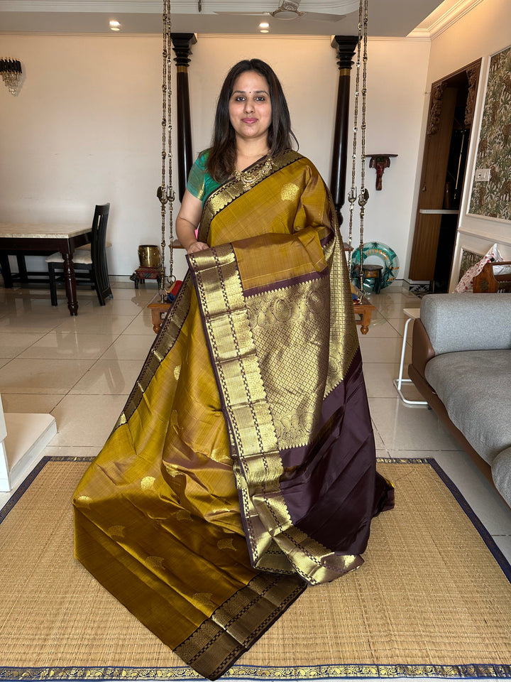 Fenugreek Vendhayam with Dark Coffee Brown Rich Butta and Grand Pallu Kanjivaram Silk Saree