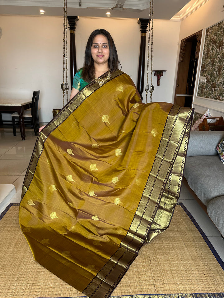 Fenugreek Vendhayam with Dark Coffee Brown Rich Butta and Grand Pallu Kanjivaram Silk Saree