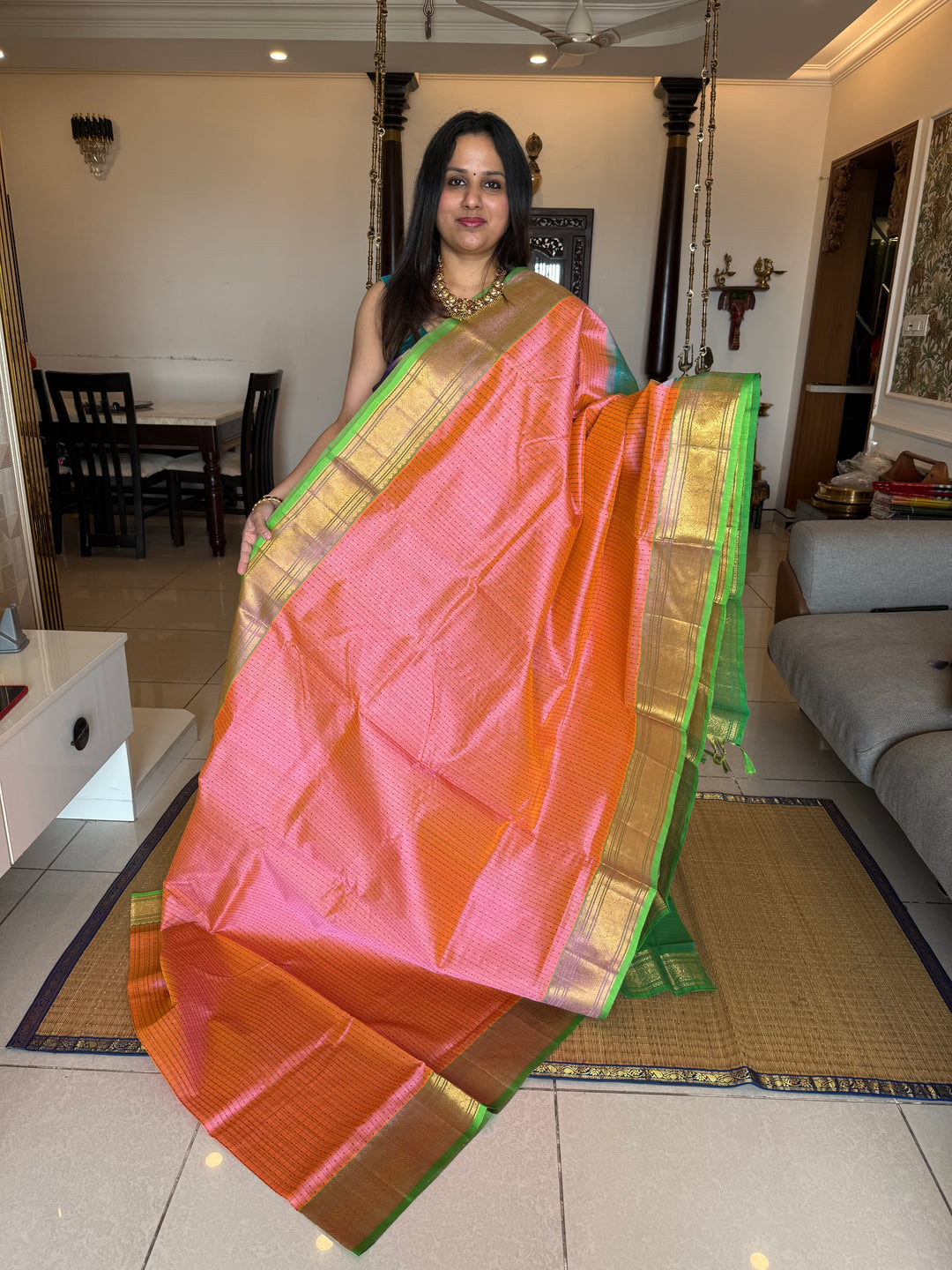 Baby Pink with Sea Green , Lakshadeepam butta in the body , traditional borders and rich Pallu Lakshadeepam Silk Cotton Saree