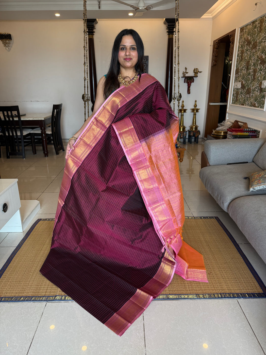 Dark Maroon with Baby Pink , Lakshadeepam butta in the body , traditional borders and rich Pallu Lakshadeepam Silk Cotton Saree