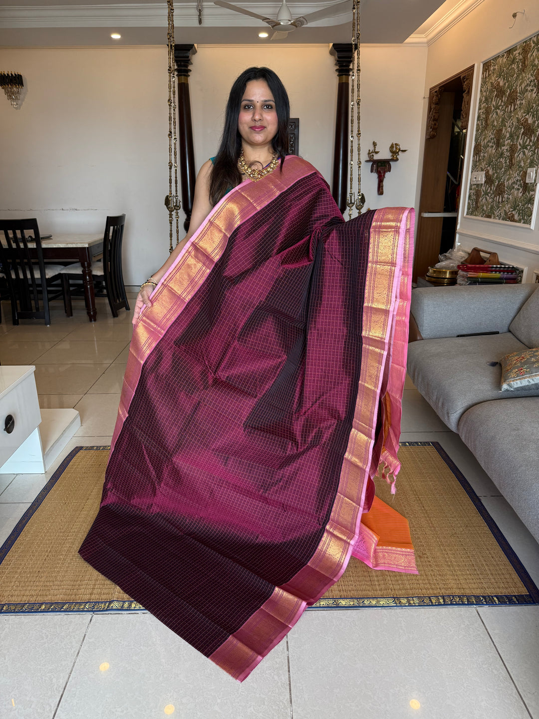 Dark Maroon with Baby Pink , Lakshadeepam butta in the body , traditional borders and rich Pallu Lakshadeepam Silk Cotton Saree