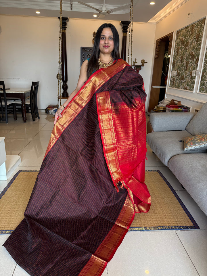 Dark Brown with Red , Lakshadeepam butta in the body , traditional borders and rich Pallu Lakshadeepam Silk Cotton Saree