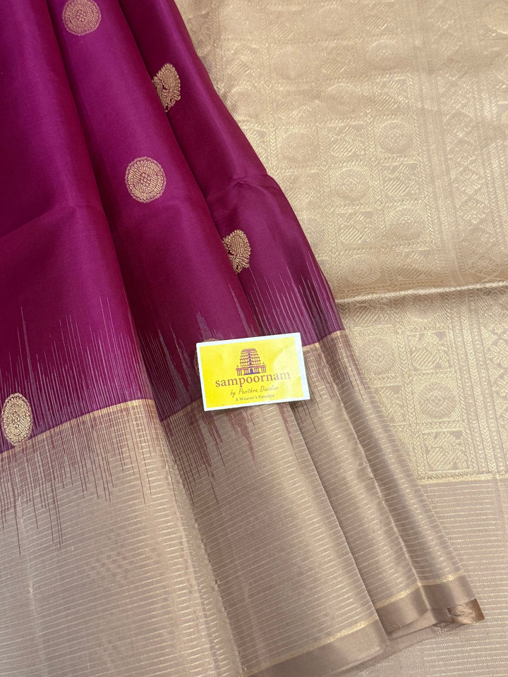 Dark Wine with Beige , rich Zari annam and rudraksh butta in the body and vairaoosi border , pure soft silk saree