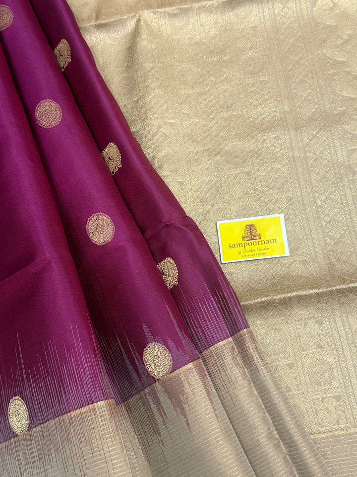 Dark Wine with Beige , rich Zari annam and rudraksh butta in the body and vairaoosi border , pure soft silk saree