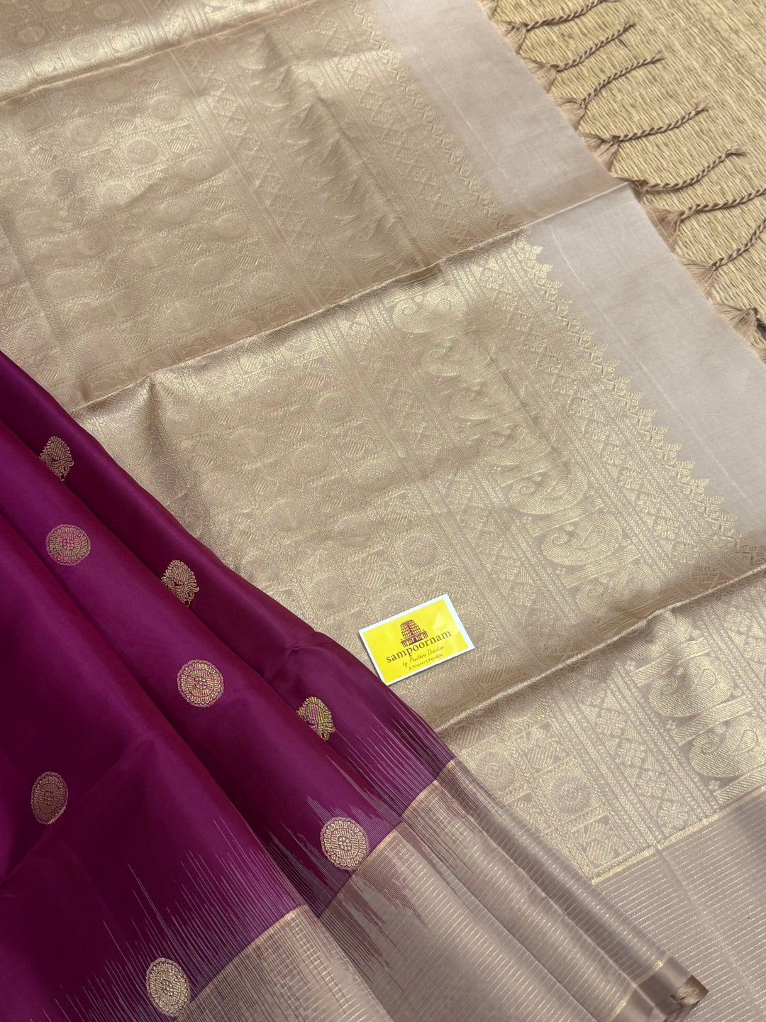 Dark Wine with Beige , rich Zari annam and rudraksh butta in the body and vairaoosi border , pure soft silk saree