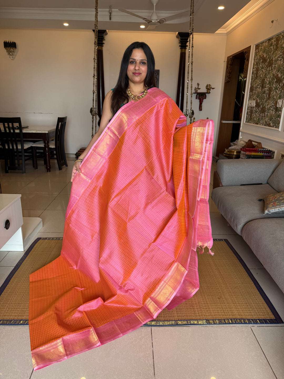 Pink with Baby Pink , Lakshadeepam butta in the body , traditional borders and rich Pallu Lakshadeepam Silk Cotton Saree