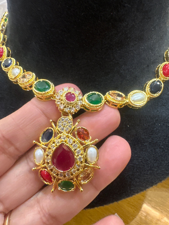 Timeless vintage Navaratna Short necklace with classic stud earrings