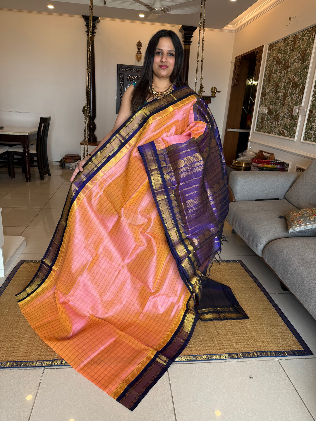 Peachish  Pink with Blue , kattam in the body , traditional borders and rich Pallu Korvai Silk Cotton Saree
