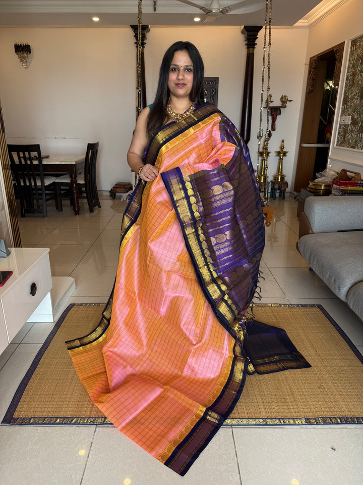 Peachish  Pink with Blue , kattam in the body , traditional borders and rich Pallu Korvai Silk Cotton Saree