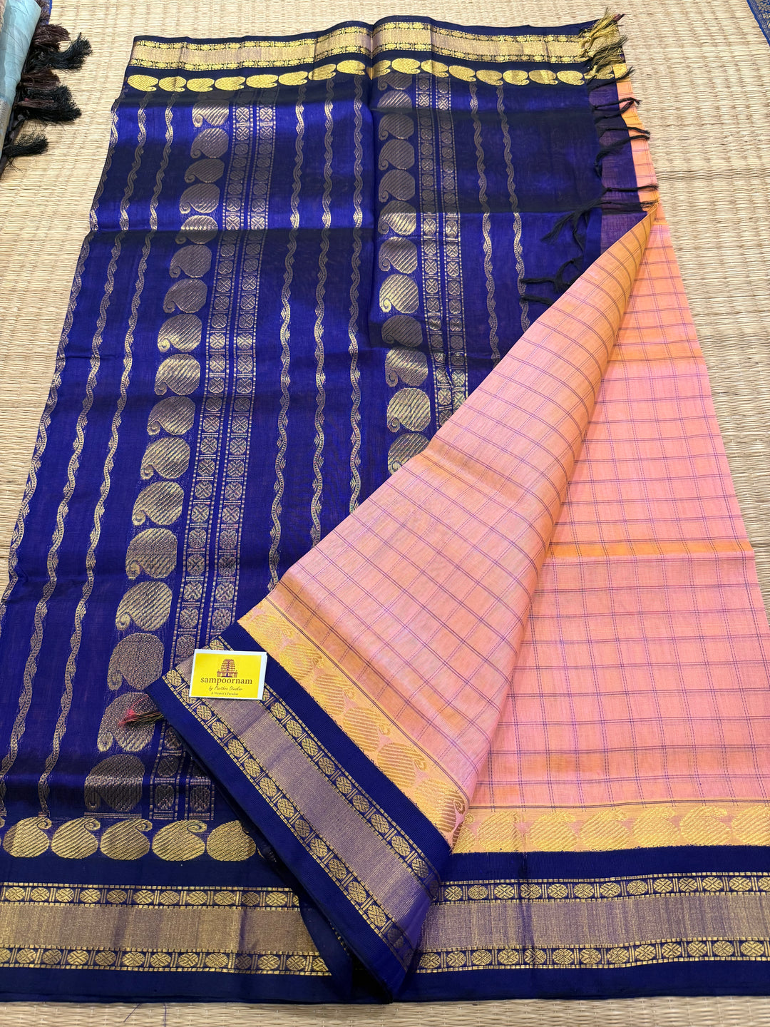 Peachish  Pink with Blue , kattam in the body , traditional borders and rich Pallu Korvai Silk Cotton Saree
