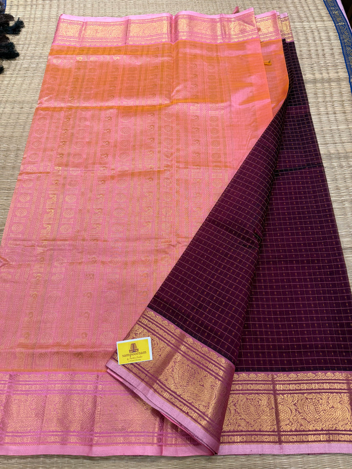 Dark Maroon with Baby Pink , Lakshadeepam butta in the body , traditional borders and rich Pallu Lakshadeepam Silk Cotton Saree