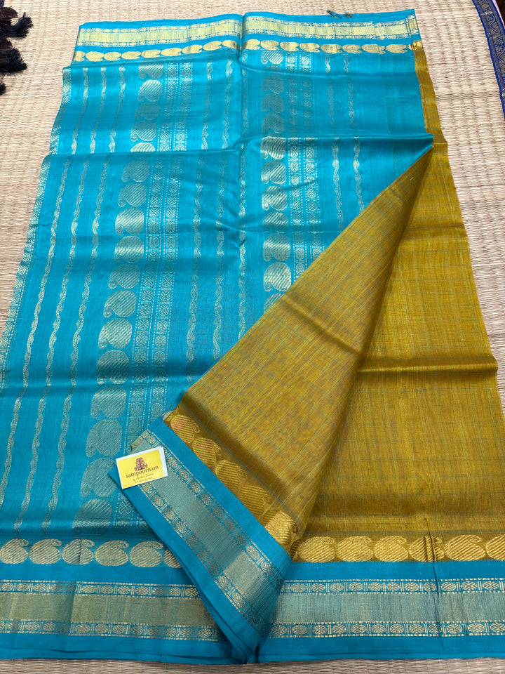 Vendhayam Fenugreek with Blue , kattam in the body , traditional borders and rich Pallu Korvai Silk Cotton Saree