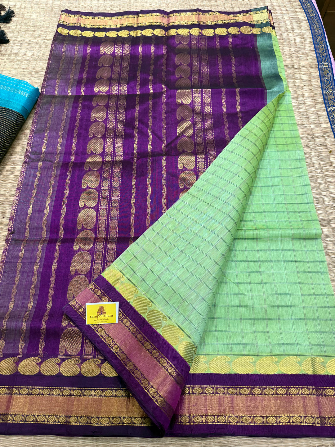 Pastel Green with Purple , kattam in the body , traditional borders and rich Pallu Korvai Silk Cotton Saree