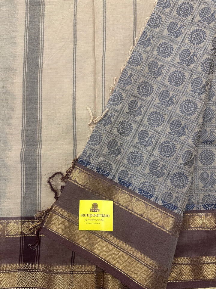 Dark Beige with sandstone   , Annam and Chakram thread butta in the body  , rettapet border and Plain Pallu Chettinad Cotton Saree