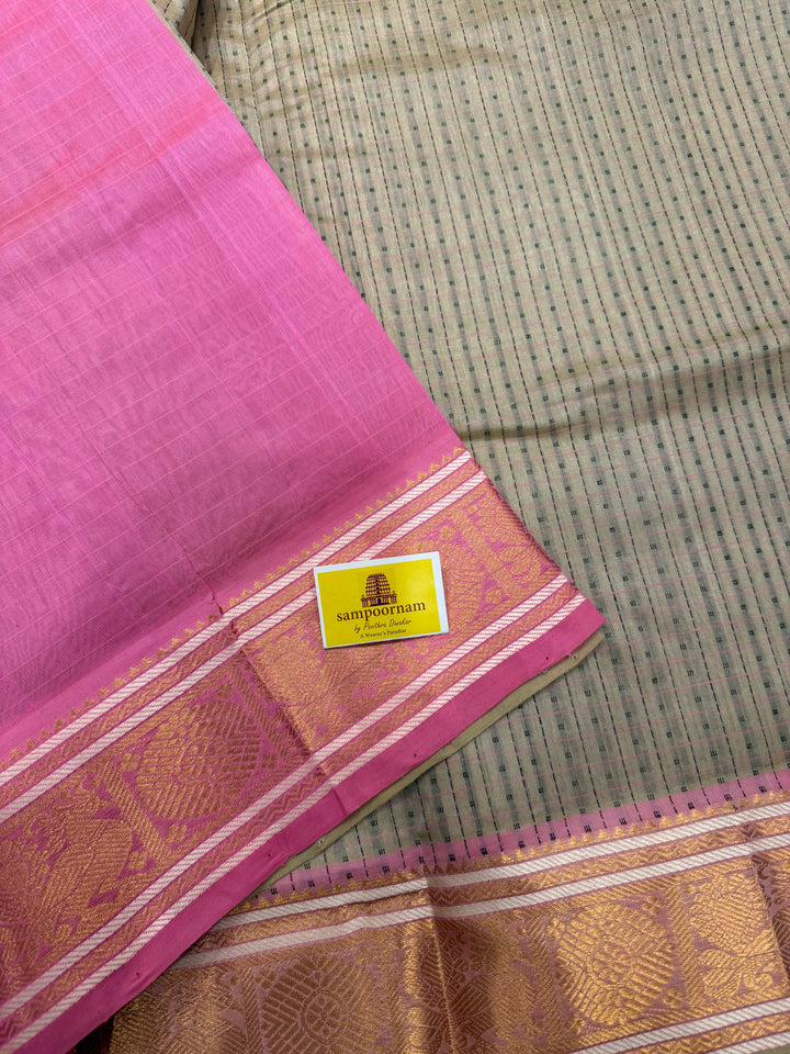 Offwhite with Baby Pink , Lakshadeepam butta in the body , traditional borders and rich Pallu Lakshadeepam Silk Cotton Saree