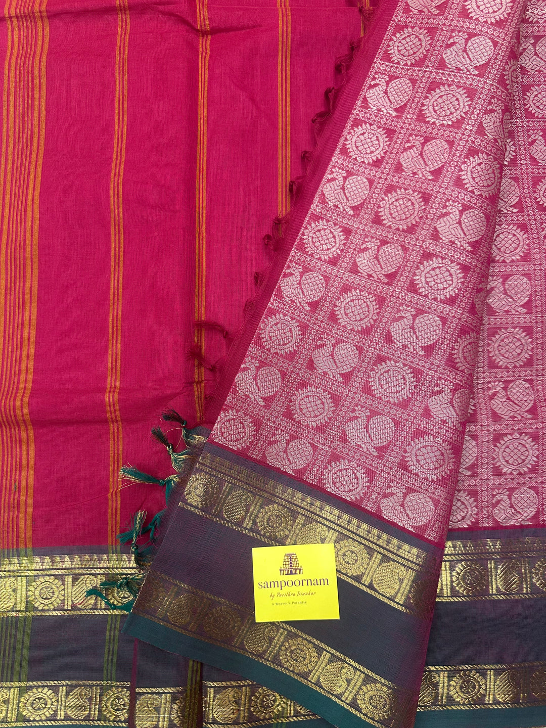Red with Manthulir Green , Annam and Chakram thread butta in the body  , rettapet border and simple Plain Chettinad Cotton Saree