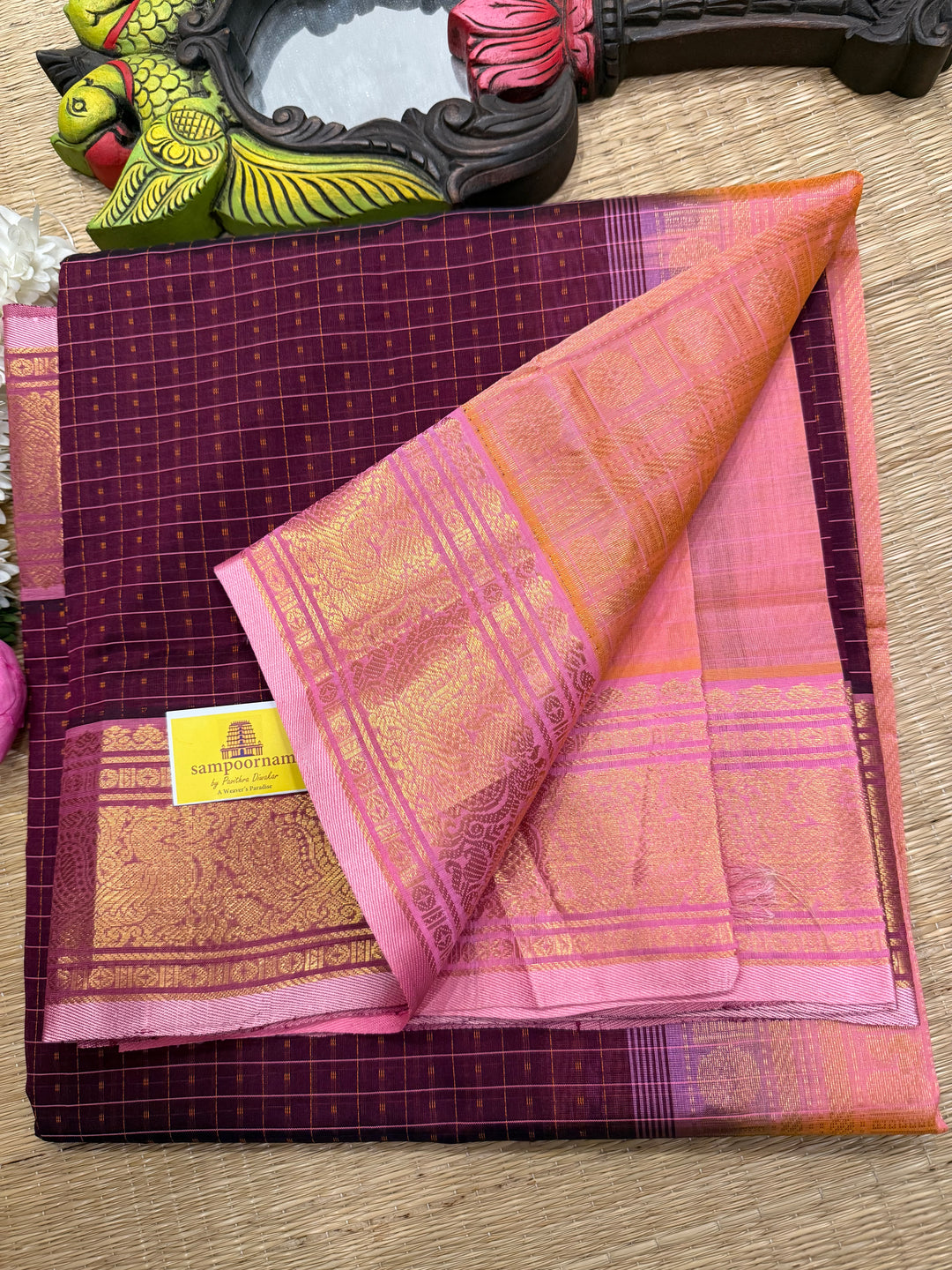 Dark Maroon with Baby Pink , Lakshadeepam butta in the body , traditional borders and rich Pallu Lakshadeepam Silk Cotton Saree