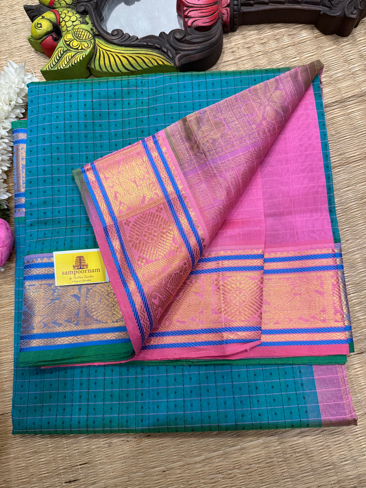 Turquoise Blue with Baby Pink , Lakshadeepam butta in the body , traditional borders and rich Pallu Lakshadeepam Silk Cotton Saree