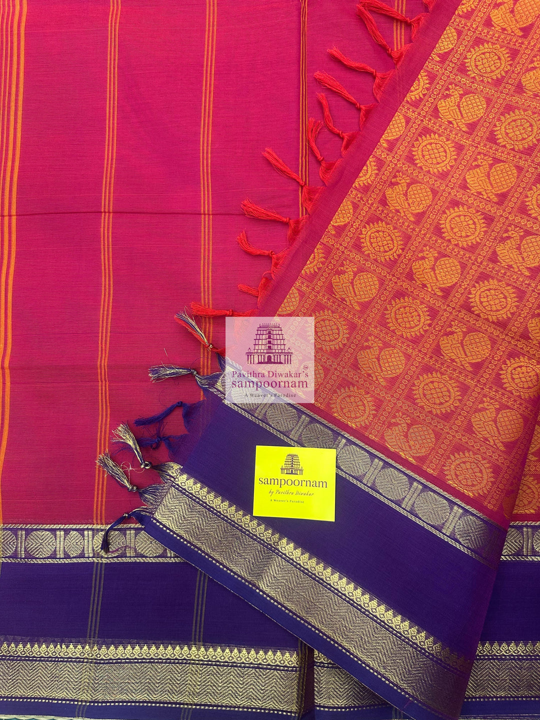 Reddish Orange with Purple  , Annam and Chakram thread butta in the body  , rettapet border and Plain  Pallu Chettinad Cotton Saree
