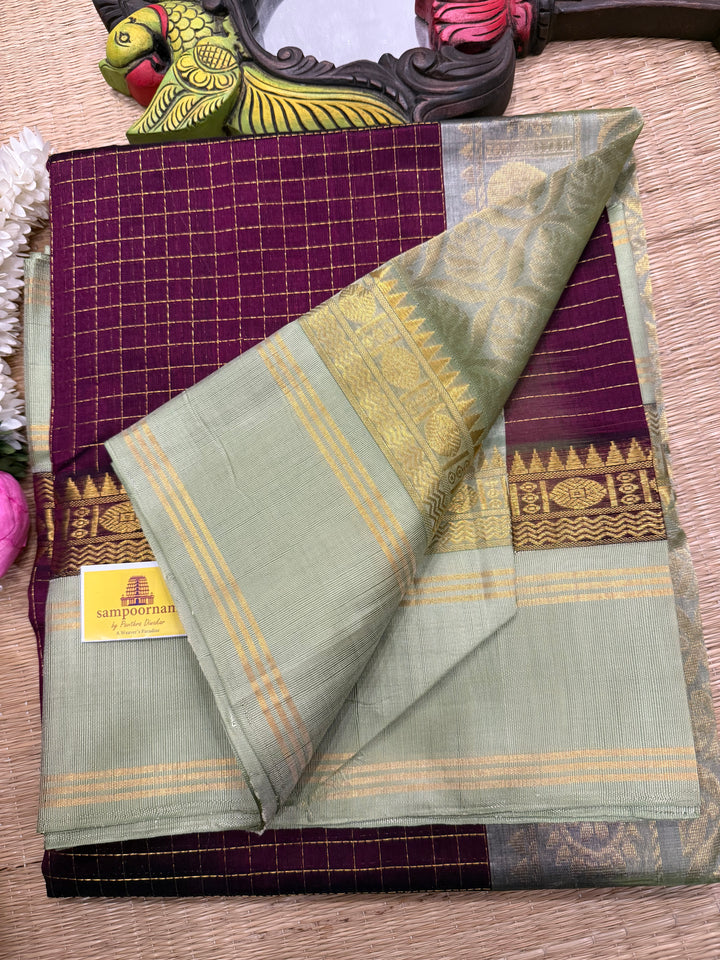 Wine with Pastel Green , rich zari checks in the body , rettapet border and rich Pallu Korvai Silk Cotton Saree