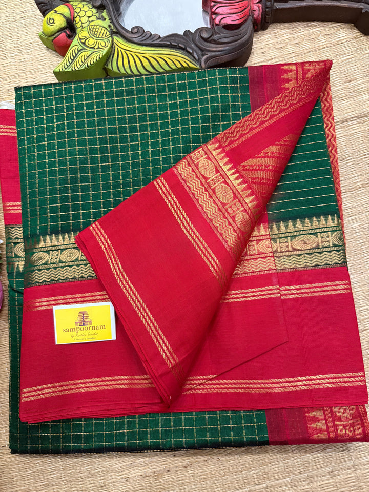 Green with Red , rich zari checks in the body , rettapet border and rich Pallu Korvai Silk Cotton Saree