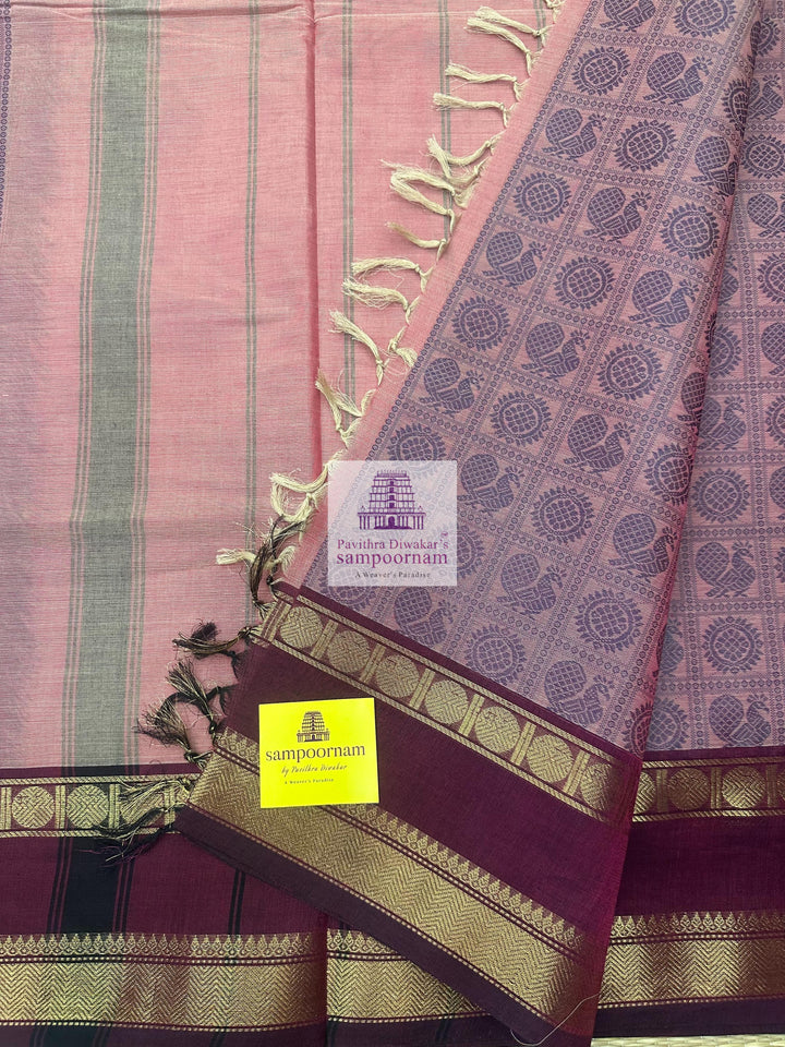 Dusty Pink with Maroon  , Annam and Chakram thread butta in the body  , rettapet border and Plain  Pallu Chettinad Cotton Saree
