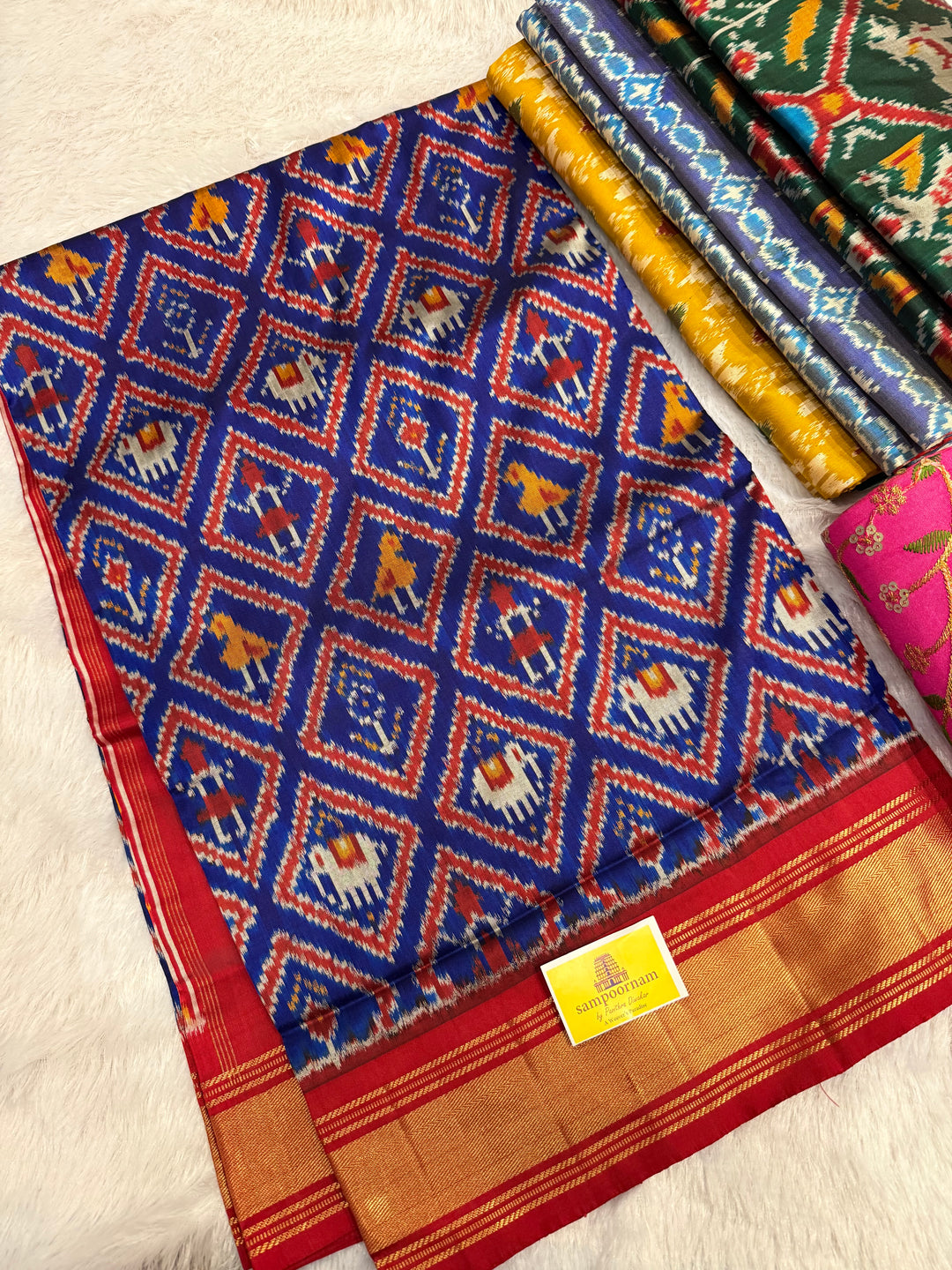 Blue with Red , traditional borders and rich Pallu Pochampally Ikkat Silk Saree