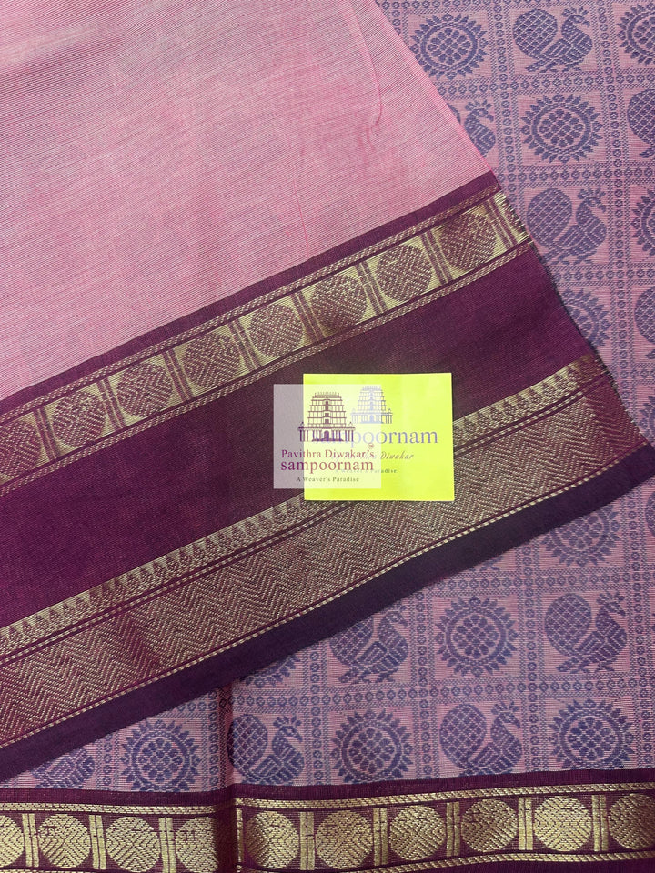 Dusty Pink with Maroon  , Annam and Chakram thread butta in the body  , rettapet border and Plain  Pallu Chettinad Cotton Saree