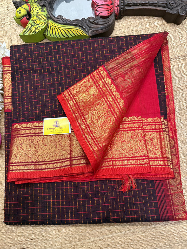 Dark Brown with Red , Lakshadeepam butta in the body , traditional borders and rich Pallu Lakshadeepam Silk Cotton Saree