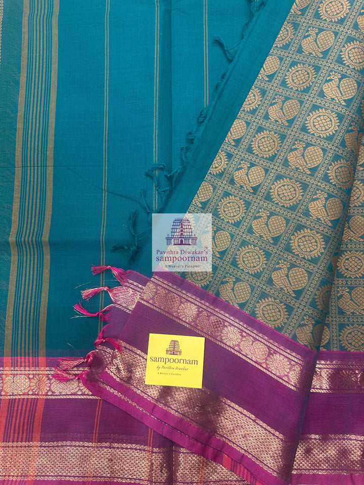 Ramar Green  , Annam and Chakram thread butta in the body  , rettapet border and Plain Pallu Chettinad Cotton Saree