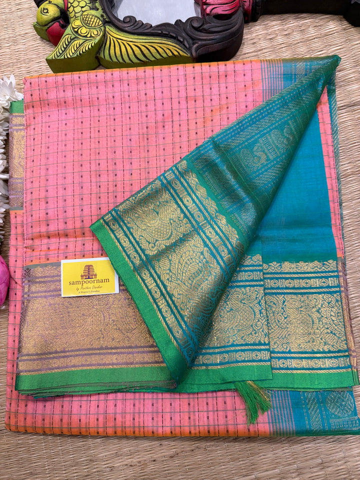 Baby Pink with Sea Green , Lakshadeepam butta in the body , traditional borders and rich Pallu Lakshadeepam Silk Cotton Saree