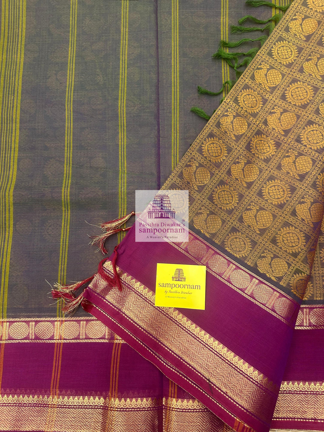 Light Green Ganga Jamuna Border Magenta with Mustard  , Annam and Chakram thread butta in the body  , rettapet border and Plain  Pallu Chettinad Cotton Saree