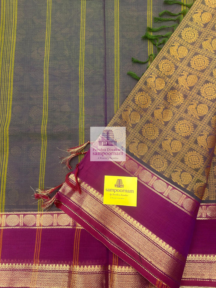 Light Green Ganga Jamuna Border Magenta with Mustard  , Annam and Chakram thread butta in the body  , rettapet border and Plain  Pallu Chettinad Cotton Saree