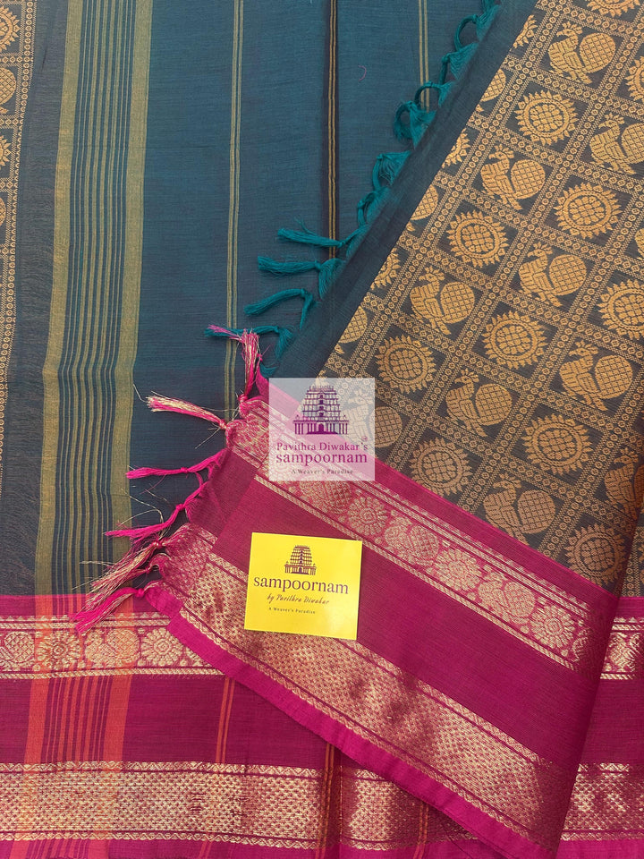 Green with Magenta  , Annam and Chakram thread butta in the body  , rettapet border and Plain  Pallu Chettinad Cotton Saree