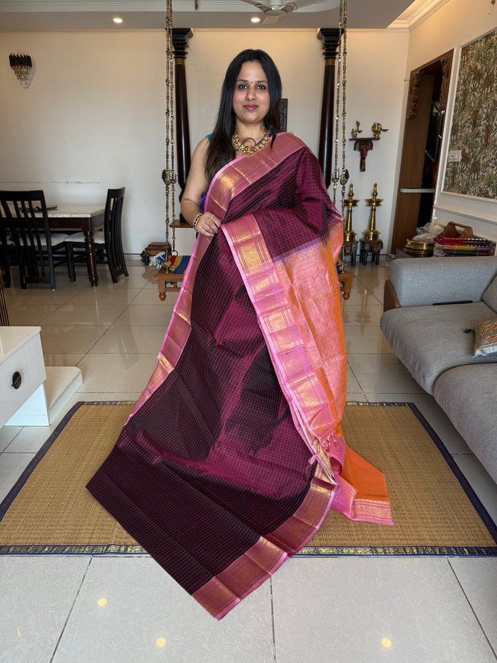 Dark Maroon with Baby Pink , Lakshadeepam butta in the body , traditional borders and rich Pallu Lakshadeepam Silk Cotton Saree