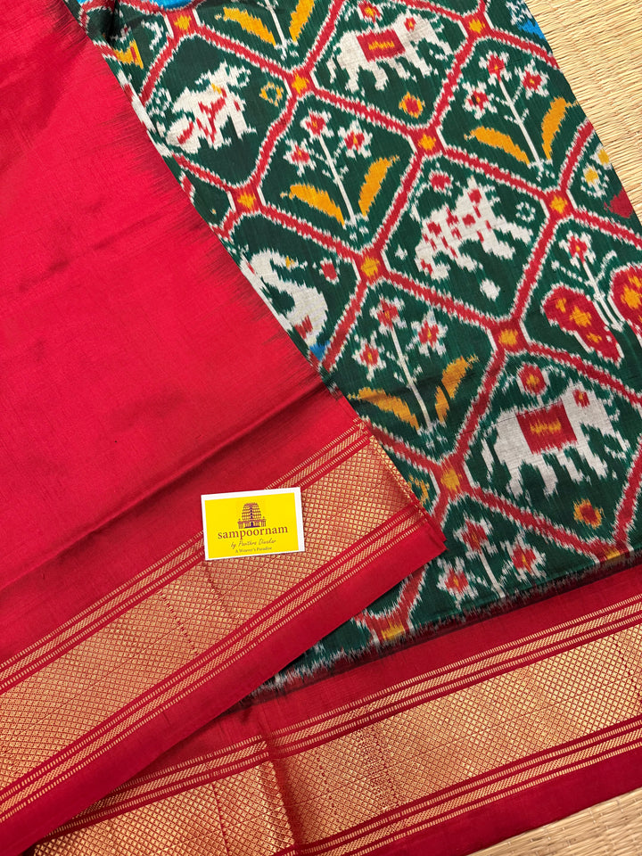 Green with Red , traditional borders and rich Pallu Pochampally Ikkat Silk Saree