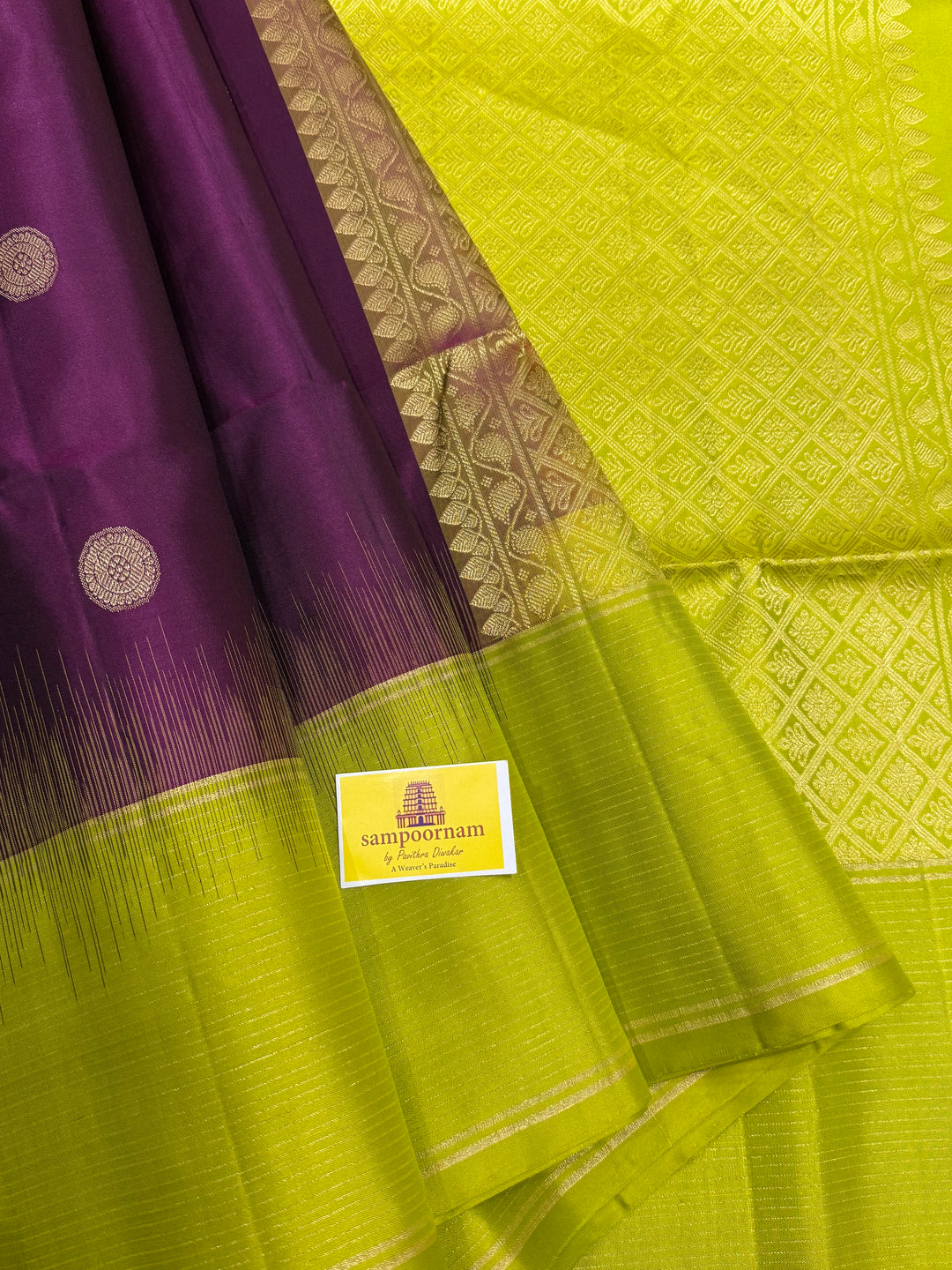 Brinjal Purple with Lemon Green, Rich Coin Zari Butta in The Body Pure Soft Silk Saree