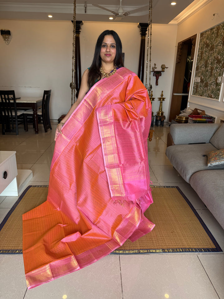 Pink with Baby Pink , Lakshadeepam butta in the body , traditional borders and rich Pallu Lakshadeepam Silk Cotton Saree